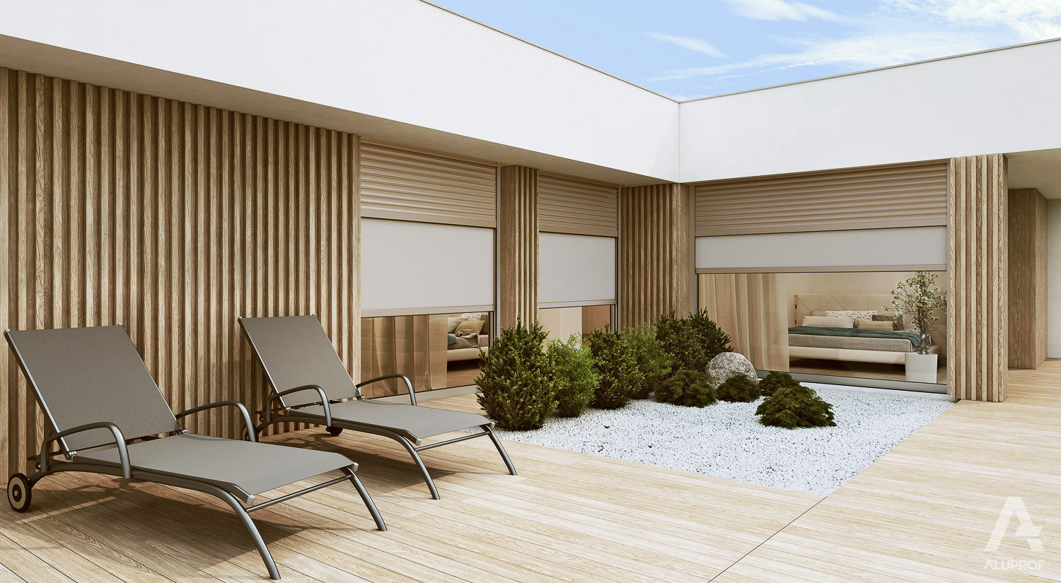 Moderne Außenrollläden an einer Terrasse mit Holzelementen und Begrünung