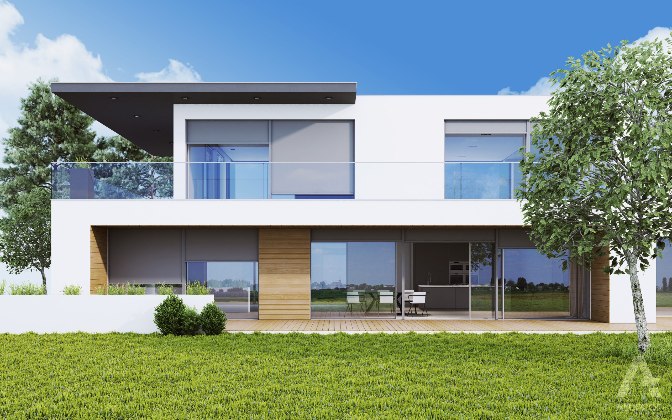 Einfamilienhaus mit großen Glasflächen und integrierten Außenrollläden